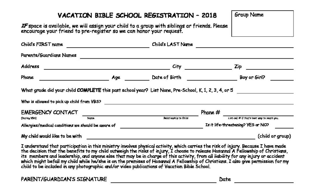 VBS Registration Form – 2018